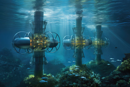 underwater turbines harnessing ocean currents, created with generative aiの素材