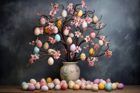 hand-crafted easter egg tree on a rustic background, created with generative aiの素材