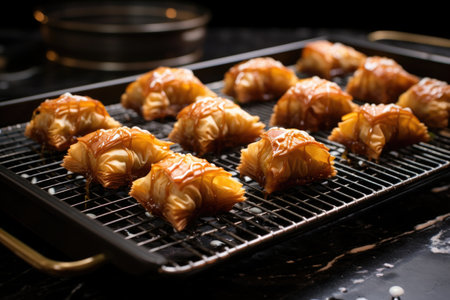 golden brown baked baklava on cooling rack, created with generative aiの素材