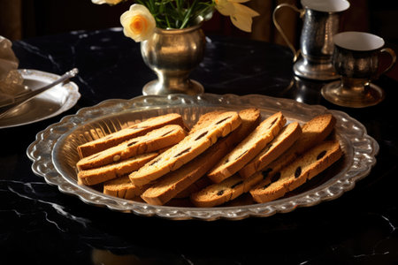 sliced biscotti arranged on a stylish serving plate, created with generative aiの素材