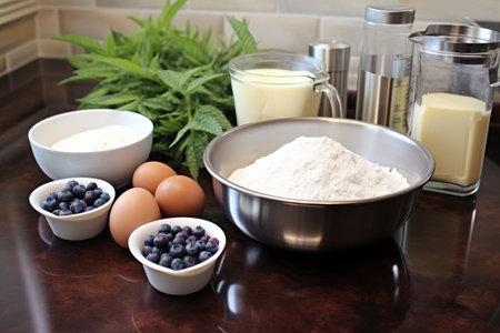 mixing ingredients for blueberry muffins, created with generative aiの素材
