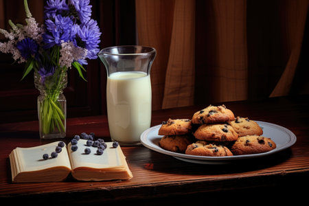 blueberry muffins with a glass of milk and a recipe book, created with generative aiの素材