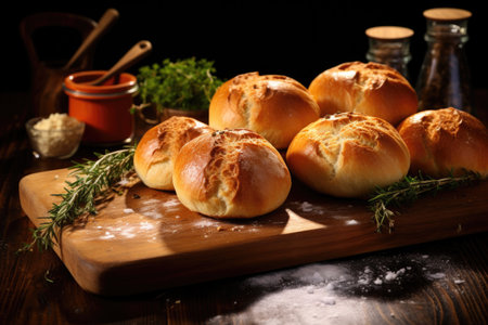 freshly baked bread rolls on a wooden board, created with generative aiの素材