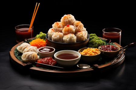 dim sum arranged on a plate with dipping sauce, created with generative aiの素材