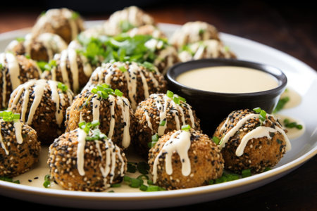 homemade tahini sauce drizzled over falafel balls, created with generative aiの素材