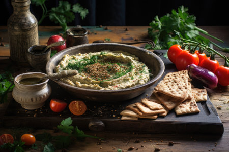creamy hummus spread on a rustic wooden board, created with generative aiの素材