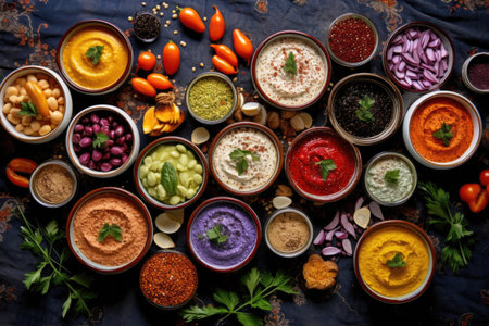 flat lay of various hummus flavors and colorful toppings, created with generative aiの素材