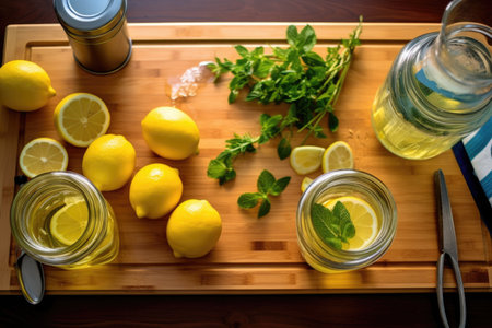 top view of lemonade preparation on kitchen counter, created with generative aiの素材