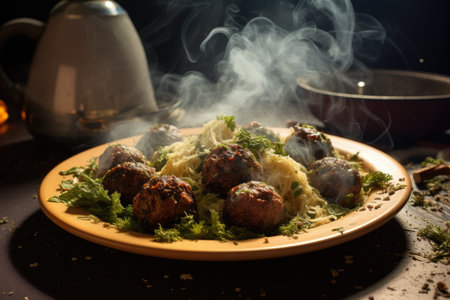 steaming hot cooked meatballs on plate, created with generative aiの素材