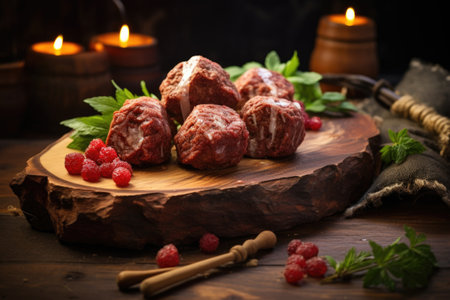 fresh raw meatballs on wooden board, created with generative aiの素材