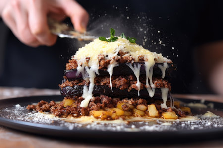 adding grated cheese on top of moussaka, created with generative aiの素材