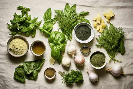 olive oil bottle and basil on a kitchen counter, created with generative aiの素材