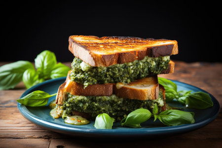 pesto on toasted bread, garnished with basil, created with generative aiの素材