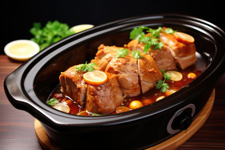 slow-cooked pork in a crockpot with sauce, created with generative aiの素材