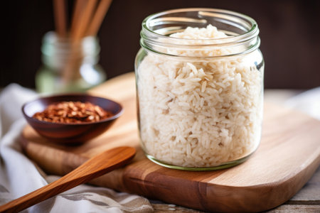 close-up of arborio rice in a glass jar with wooden spoon, created with generative aiの素材