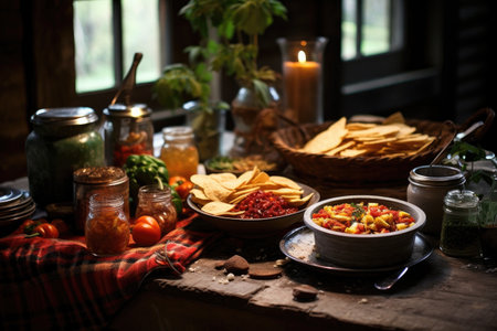 rustic table setting with homemade salsa and chips, created with generative aiの素材