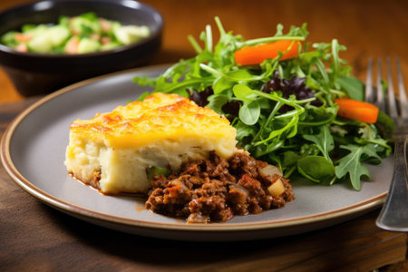 slice of shepherds pie on a plate with side salad, created with generative aiの素材