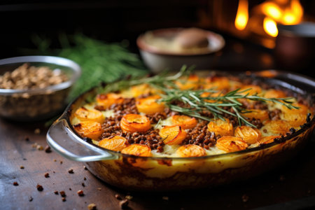 golden brown shepherds pie out of the oven, created with generative aiの素材