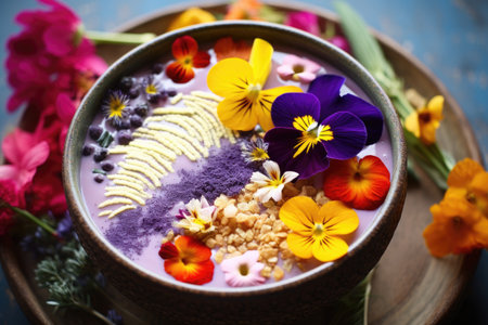 decorating smoothie bowl with edible flowers, created with generative aiの素材