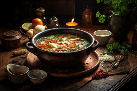 hot bowl of homemade soup on a table, created with generative aiの素材