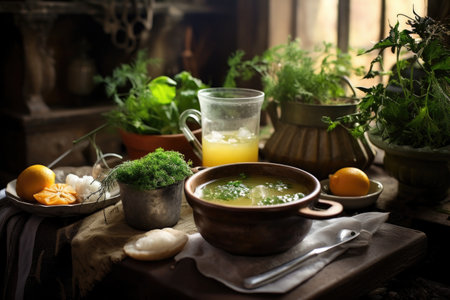 soup garnished with fresh herbs in a cozy setting, created with generative aiの素材