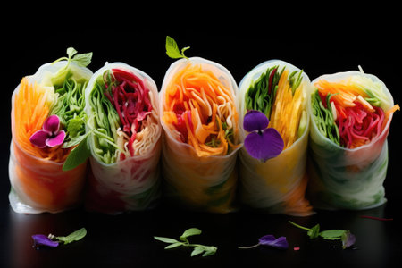 sliced spring rolls, revealing colorful filling, created with generative aiの素材