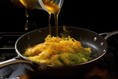 cooking tempura: batter dripping into hot oil, created with generative aiの素材