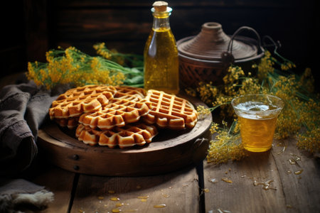 freshly baked golden waffles on a rustic wooden table, created with generative aiの素材