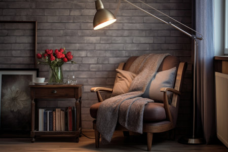 a cozy reading nook with a simple floor lamp, created with generative aiの素材