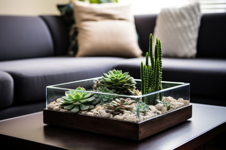 succulent plants on a minimalistic coffee table, created with generative aiの素材
