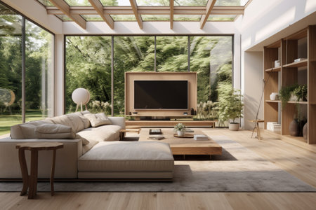 open-concept minimalist living room with natural light, created with generative aiの素材