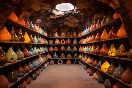pottery kiln with colorful glazed ceramics inside, created with generative aiの素材