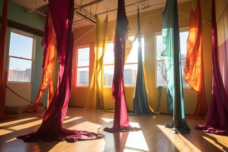 aerial silks hanging in a sunlit studio, created with generative aiの素材