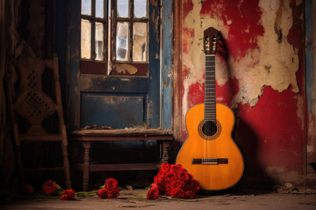 flamenco guitar resting against a traditional backdrop, created with generative aiの素材