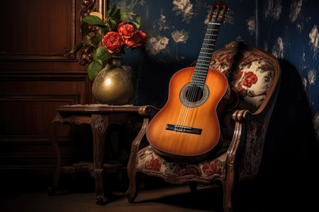 flamenco guitar resting on a traditional chair, created with generative aiの素材