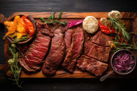 marinated steaks arranged on a board, created with generative aiの素材