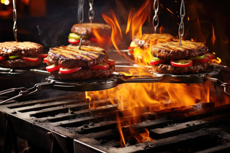 tongs flipping burgers on a sizzling bbq, created with generative aiの素材