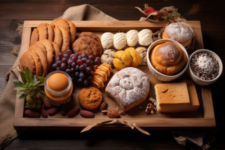 arrangement of gluten-free baked goods on a wooden tray, created with generative aiの素材