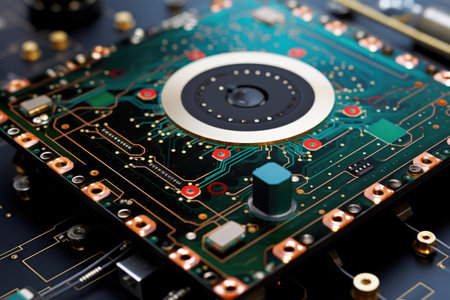 close-up of a quantum radar circuit board design, created with generative aiの素材