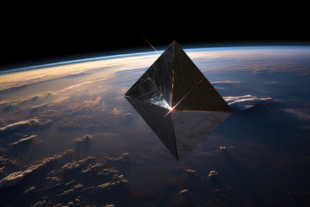 cubesat with solar sail deployed in earth orbit, created with generative aiの素材