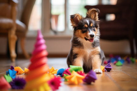 puppy playing with colorful chew toys on floor, created with generative aiの素材