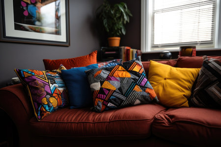 t-shirt pillow covers on a cozy couch, created with generative aiの素材