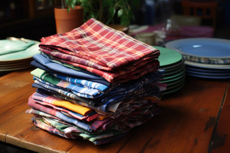 cloth napkins made from old shirts on table, created with generative aiの素材