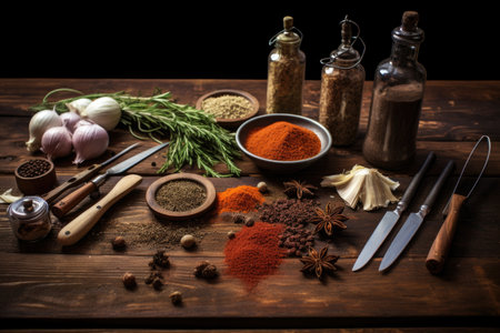 bbq tools and spices on a wooden table nearby, created with generative aiの素材