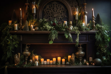 festive decorated mantle with garlands and candles, created with generative aiの素材