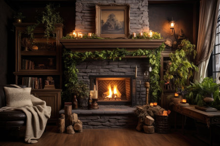 fireplace with cozy decorations and a warm, inviting atmosphere, created with generative aiの素材