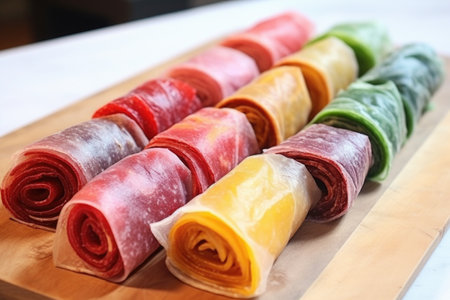 homemade fruit roll-ups on a parchment paper, created with generative aiの素材