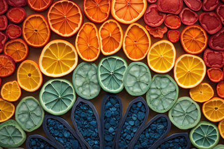 dehydrated fruit slices arranged in a colorful pattern, created with generative aiの素材