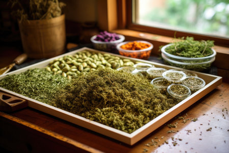 dried herbs spread on dehydrator tray, created with generative aiの素材