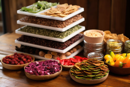 stack of dehydrator trays filled with ingredients, created with generative aiの素材